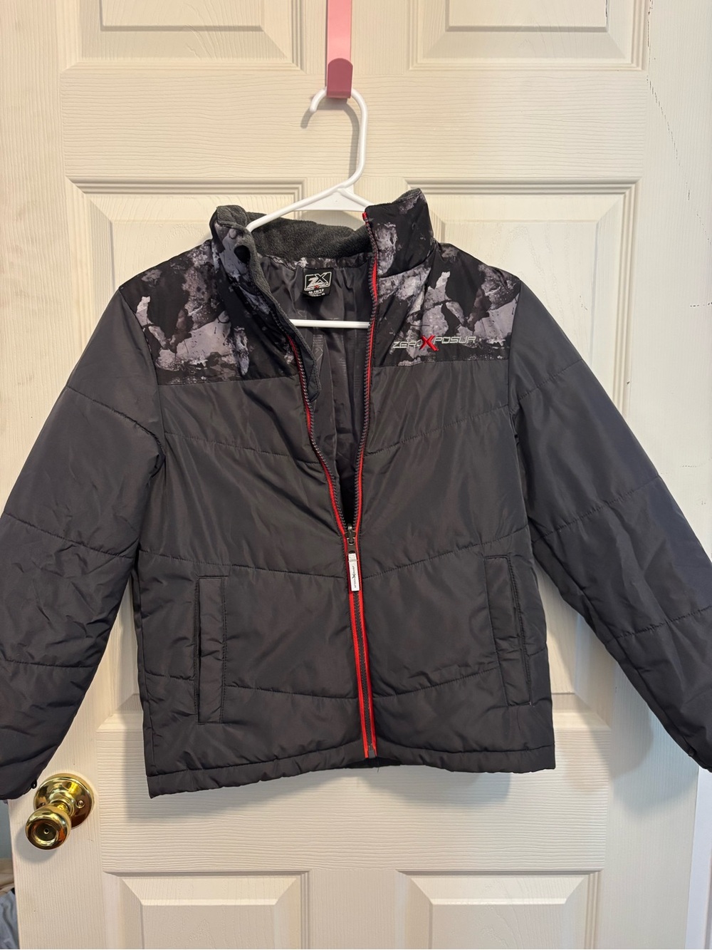 Boys' Gray Puffer Jacket with Red Trim